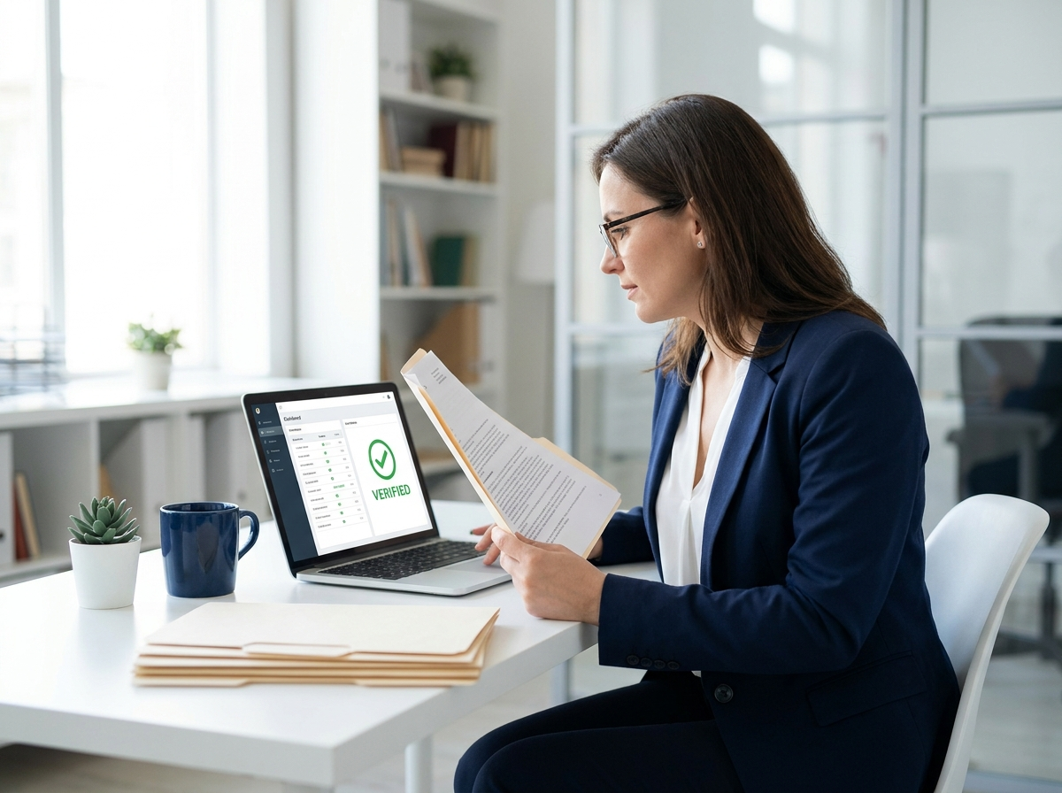 A NEVS specialist verifying employment documents against the source of record
